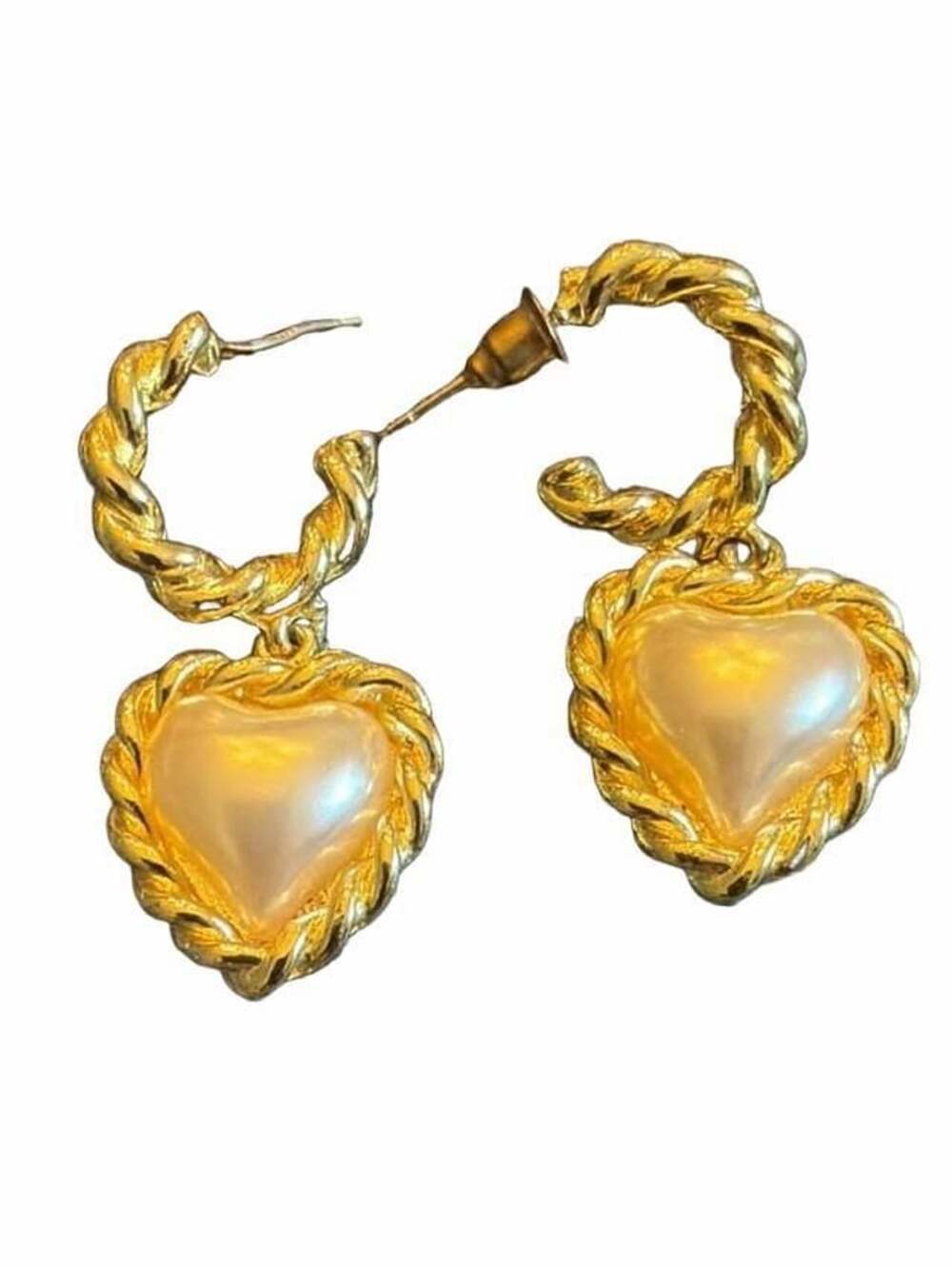 Gold Plated Pearl Heart Dangle Drop Hoop Earrings